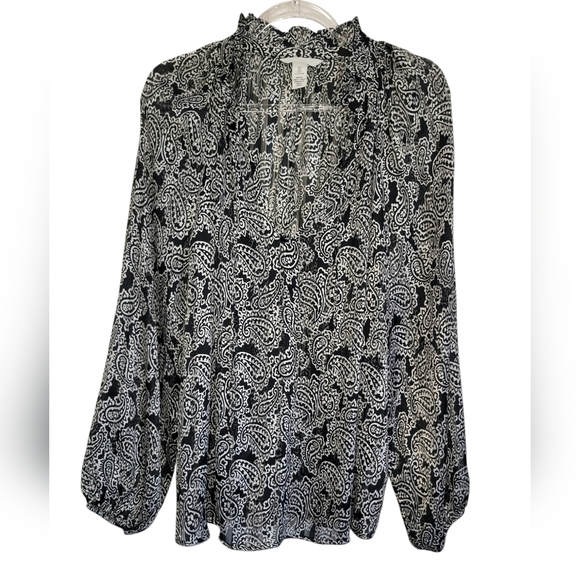 Large H&M Black and White Paisley Peasant Balloon Sleeve Blouse - Picture 1 of 5